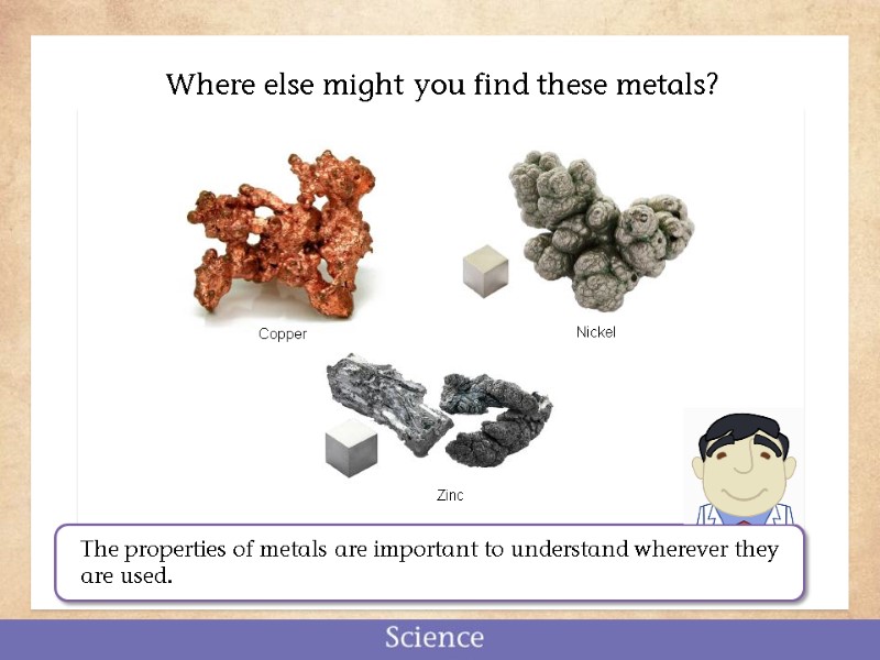 Where else might you find these metals? Copper Nickel Zinc